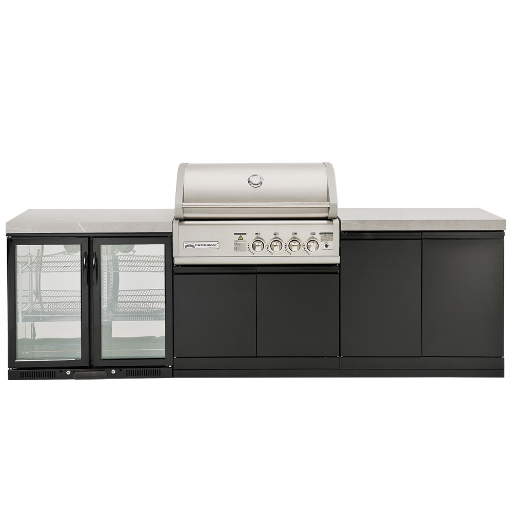 CROSSRAY 4 Burner Gas Outdoor Kitchen With Double Cabinets And Double Door Fridge