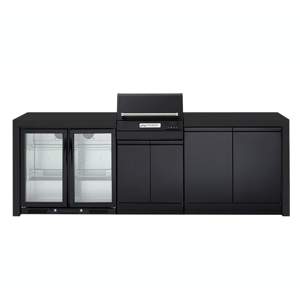 CROSSRAY eXtreme Electric Black Outdoor Kitchen With Double Cabinets And Double Door Fridge