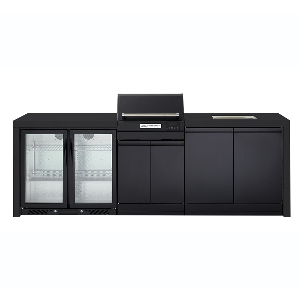 CROSSRAY eXtreme Electric Black Outdoor Kitchen With Double Cabinets, Sink And Double Door Fridge