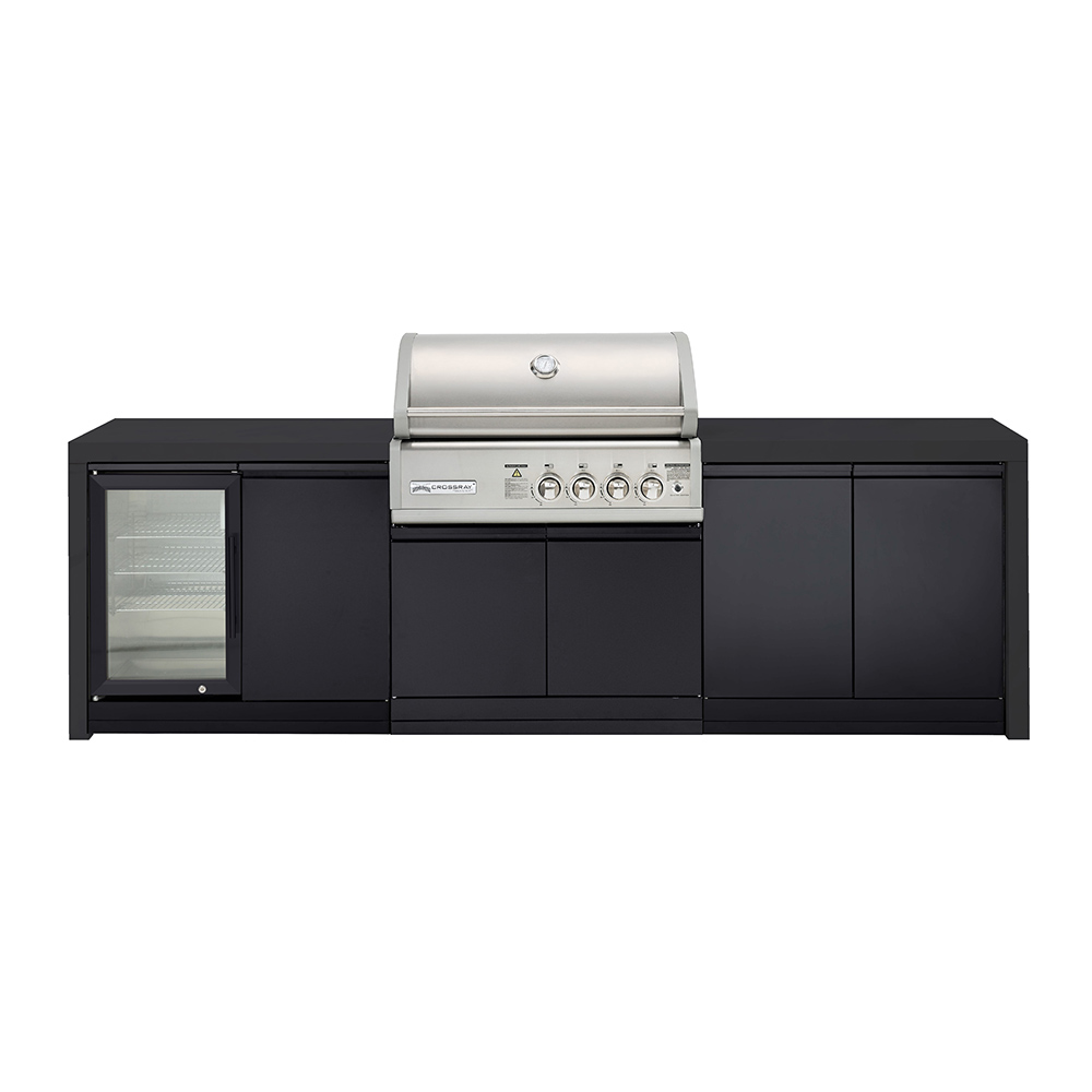 CROSSRAY Premium 4 Burner Gas Outdoor Kitchen With Double Cabinets And Single Fridge In Black