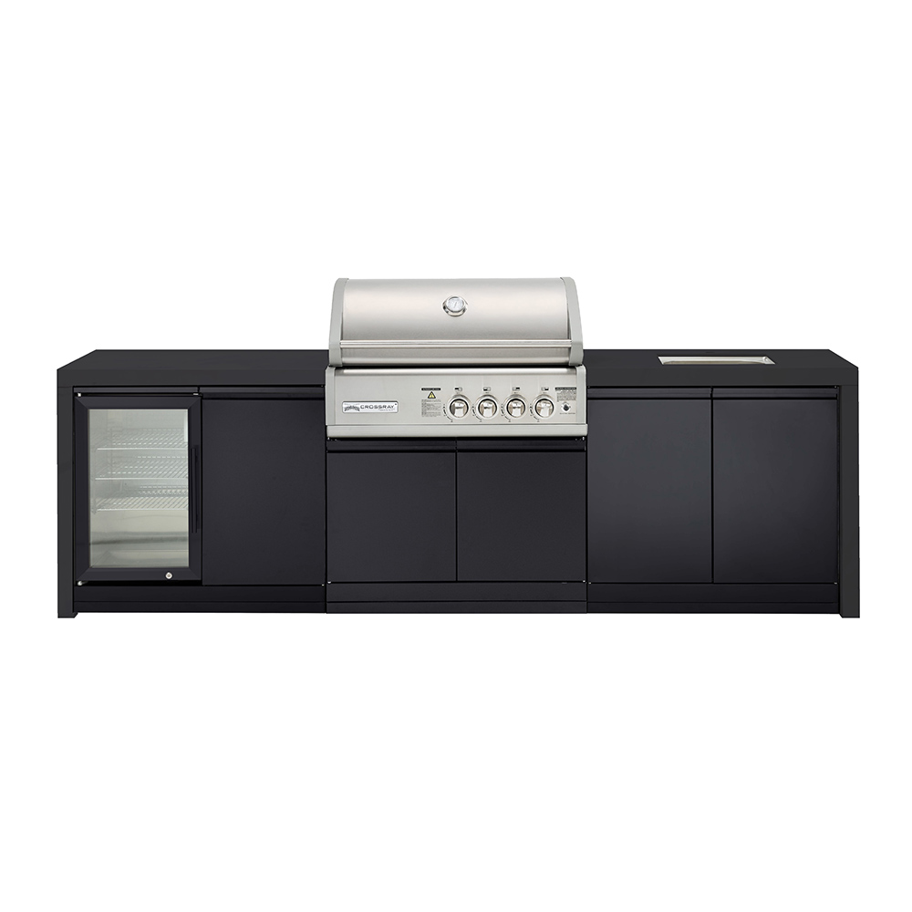 CROSSRAY Premium 4 Burner Gas Outdoor Kitchen With Double Cabinets, Sink And Single Fridge In Black