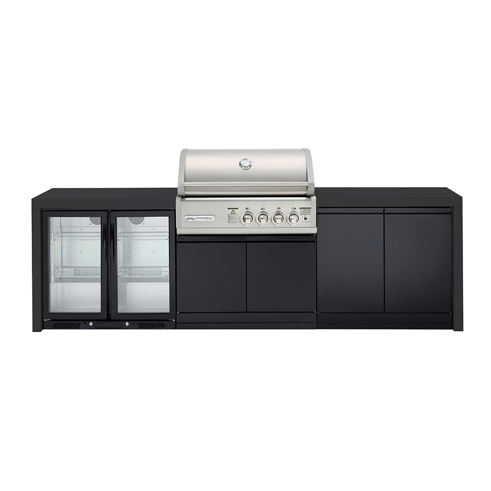 CROSSRAY Premium 4 Burner Gas Outdoor Kitchen With Double Cabinets And Double Fridge In Black