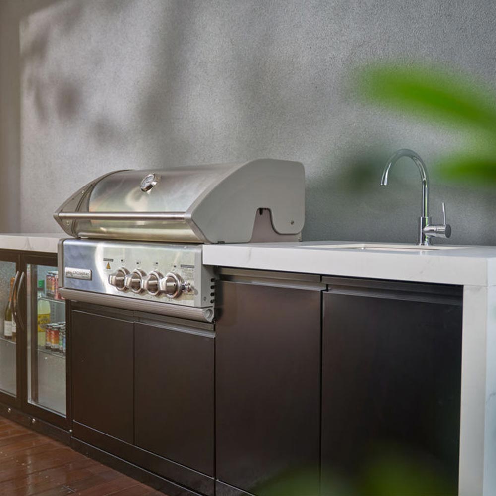 CROSSRAY Premium 4 Burner Gas Outdoor Kitchen With Double Cabinets, Sink And Single Fridge In White