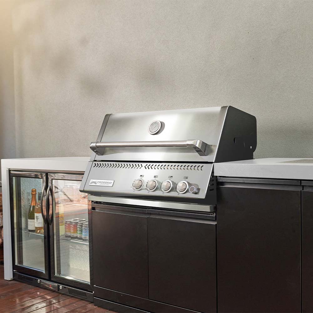 CROSSRAY Premium Xplor 4 Burner Gas Outdoor Kitchen With Double Cabinets And Sink In White