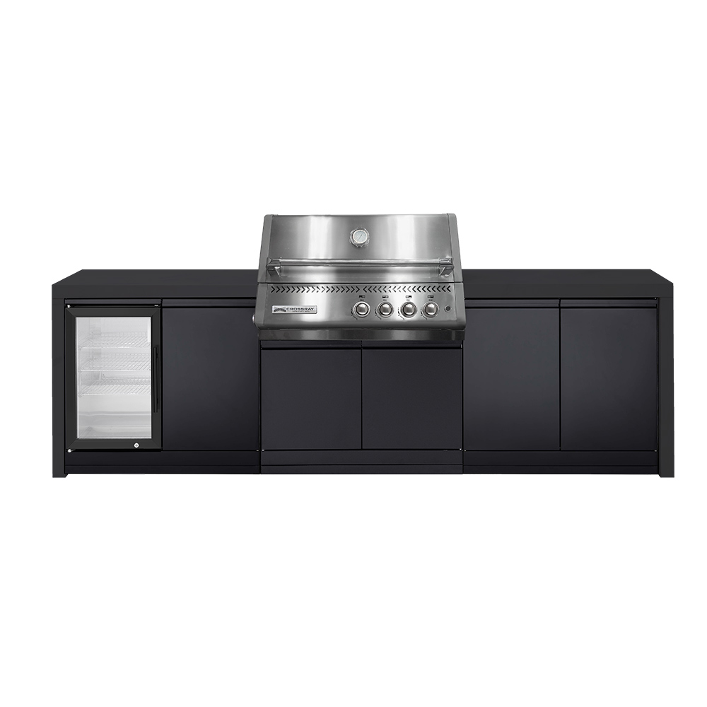 CROSSRAY Premium Xplor 4 Burner Gas Outdoor Kitchen With Single Door Fridge In Black
