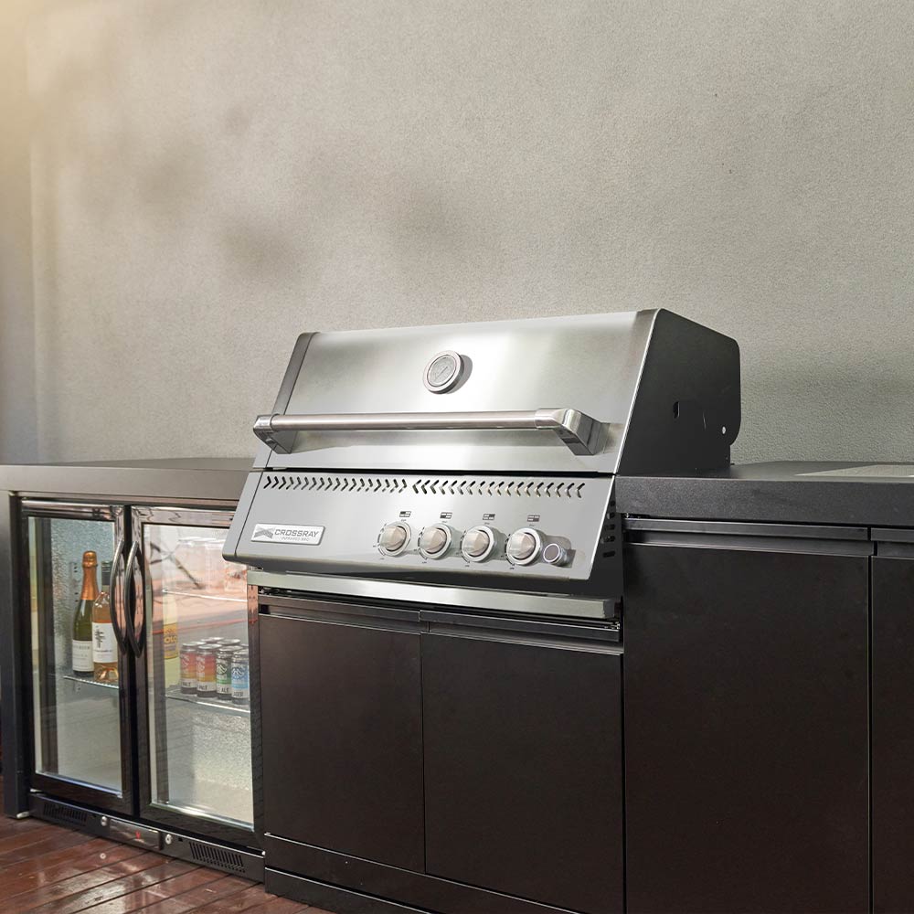 CROSSRAY Premium Xplor 4 Burner Gas Outdoor Kitchen With Single Door Fridge In Black